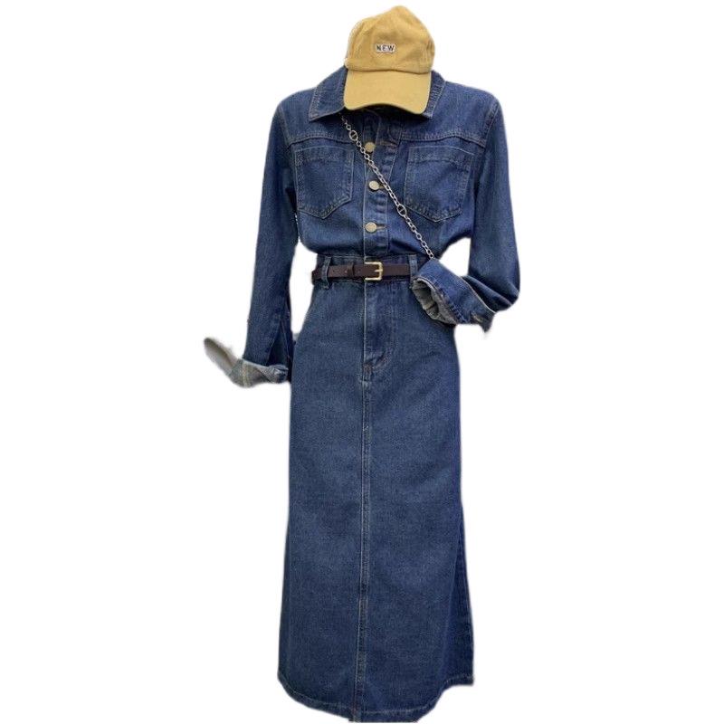 2024 Spring Korean Retro Denim Waist-Slimming Dark Blue Dress