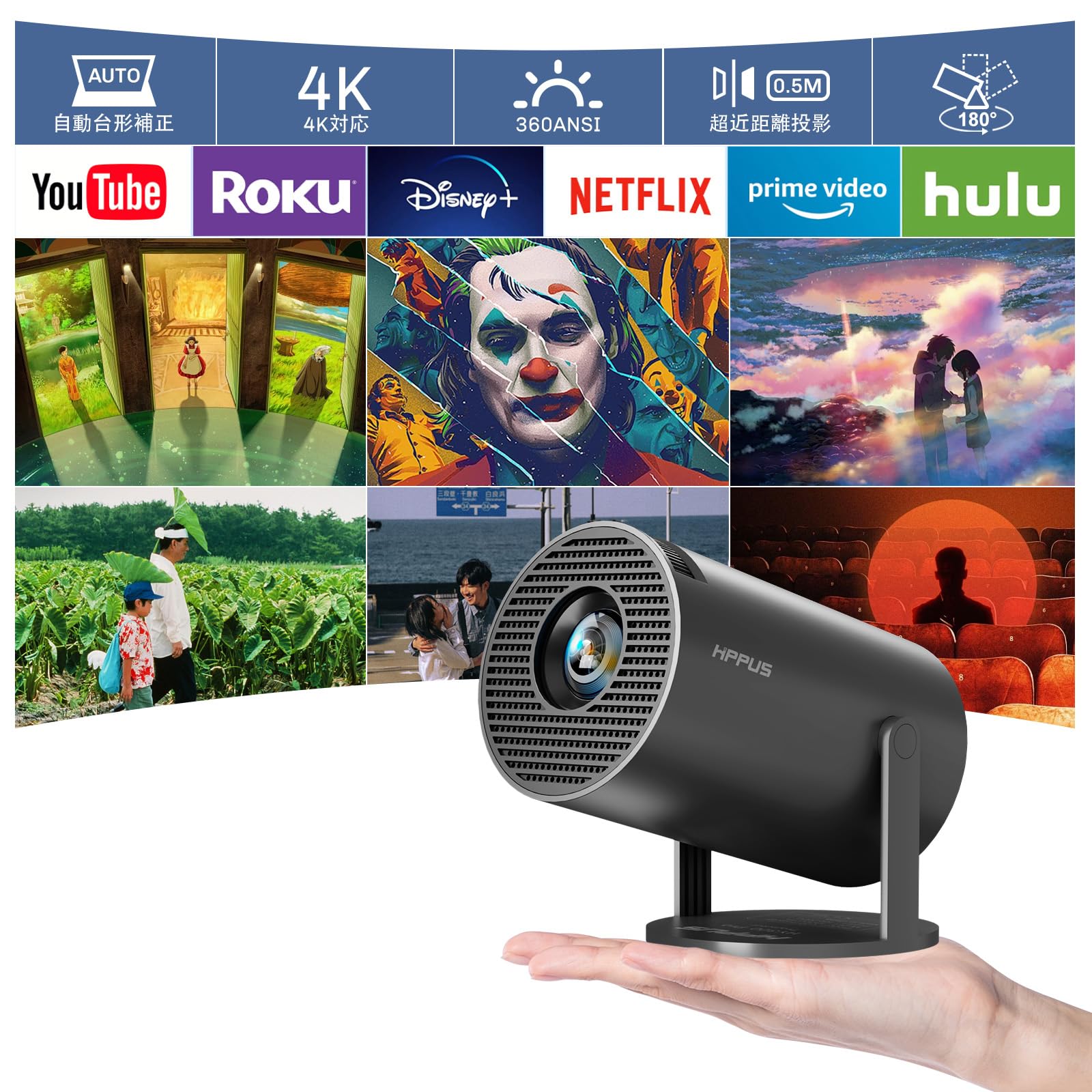 

Rotation Android HIPPUS Android TV Projector Ceiling Projector Small Home Use Automatic Keystone Correction 360ANSI 1080P 5G Compatible Bluetooth