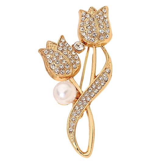 Women Alloy Brooch Pin Tulip Shape Lapel Badge with Imitation Pearl Rhinestones Inlaid Brooch