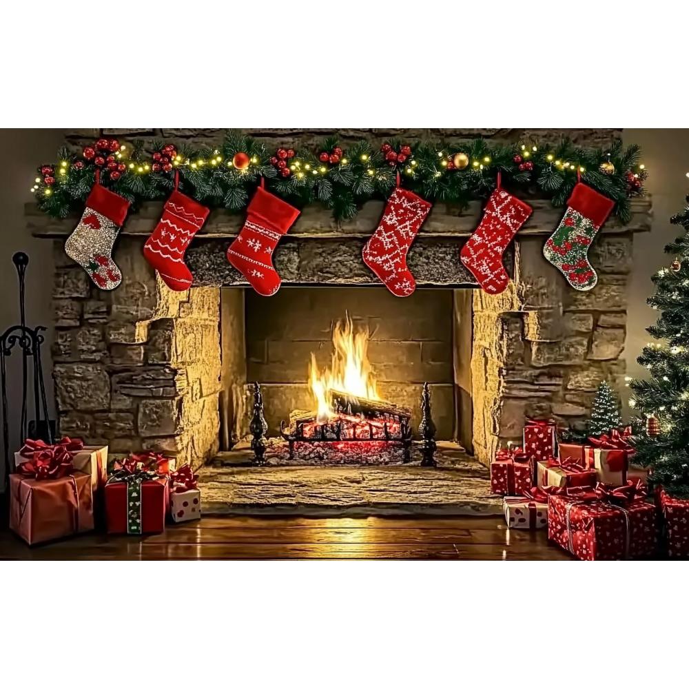 Christmas Fireplace Scene Background 180x10cm Polyester Backcloth For Xmas Photography Home 2025 Party Decorations Banners