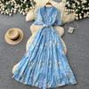 French celebrity style floral temperament dress women's summer V-neck waist A-shaped skirt, thin temperament long dress