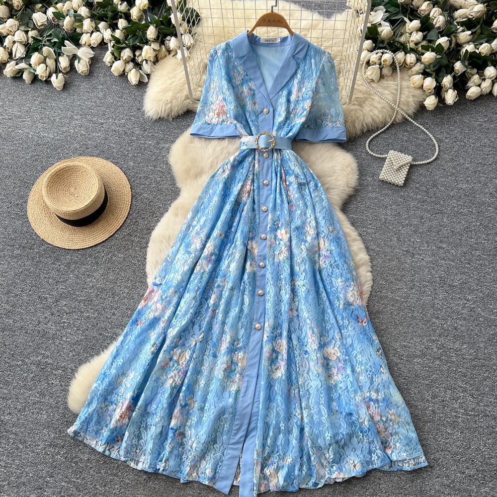 French celebrity style floral temperament dress women's summer V-neck waist A-shaped skirt, thin temperament long dress