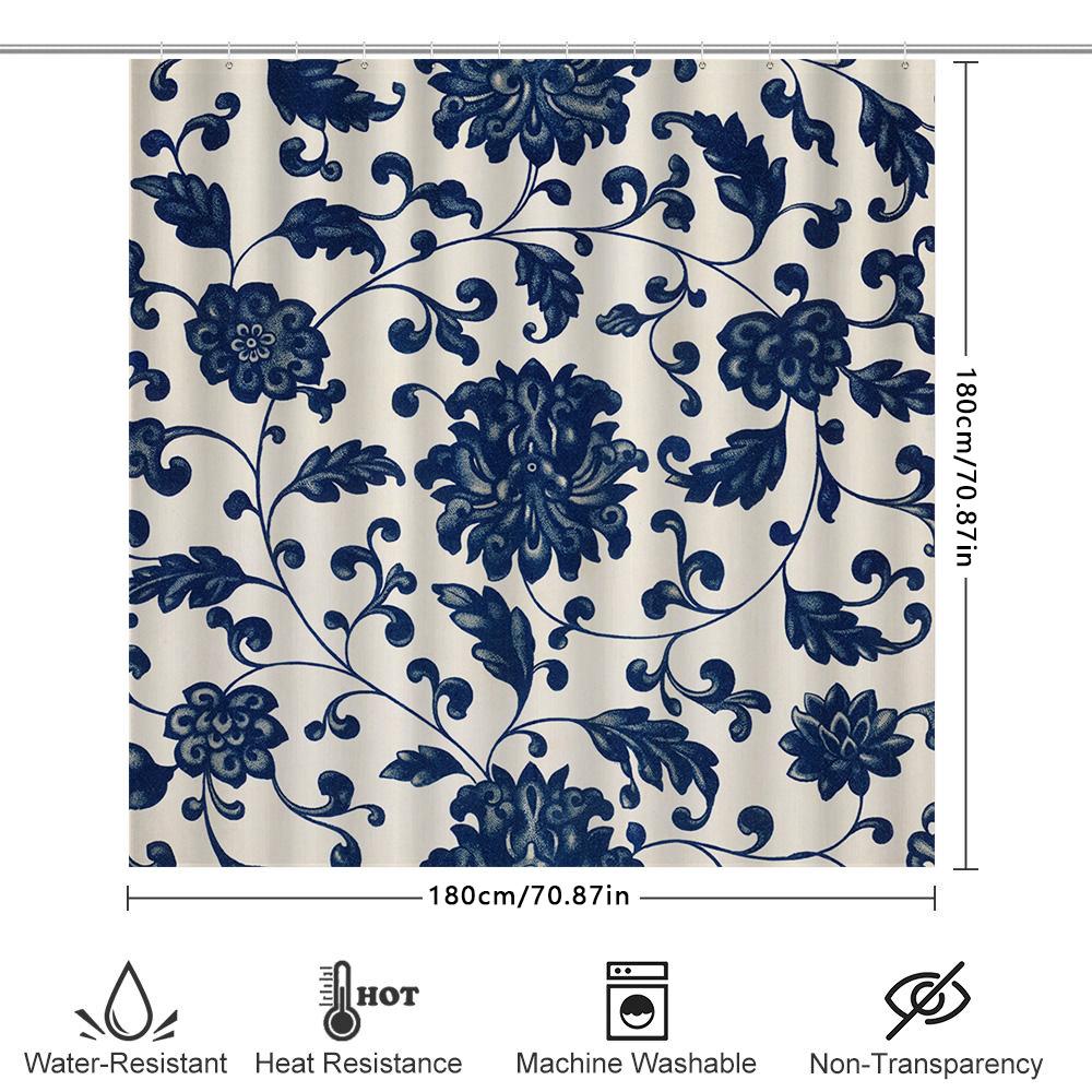 Vintage Blau-Weiß Porzellan-Druck Duschvorhang Badezimmer-Dekoration in einfarbigem Blumenmuster Akzentstück für das Zuhause Badezimmer