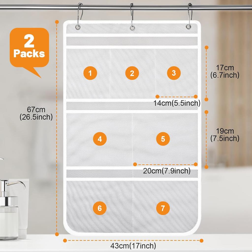 2 Pack Mesh Shower Hanging Caddy, 7 Pockets Hanging Shower Organizer with Metal Loop, Portable Bathroom Bag for Shampoo, Body Wash, Soap, and Cruise