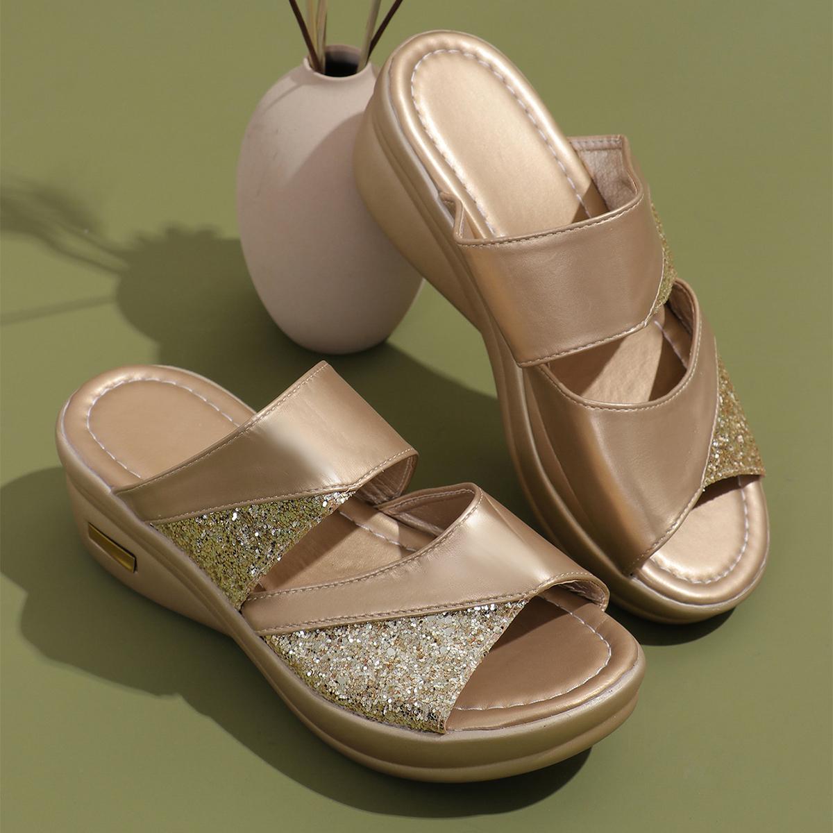 

модные женские босоножки на танкетке с золотыми украшениями, летние, слипоны на толстой подошве, на платформе, Zapatos Comfort Wera, устойчивые тапочки 35 золотой