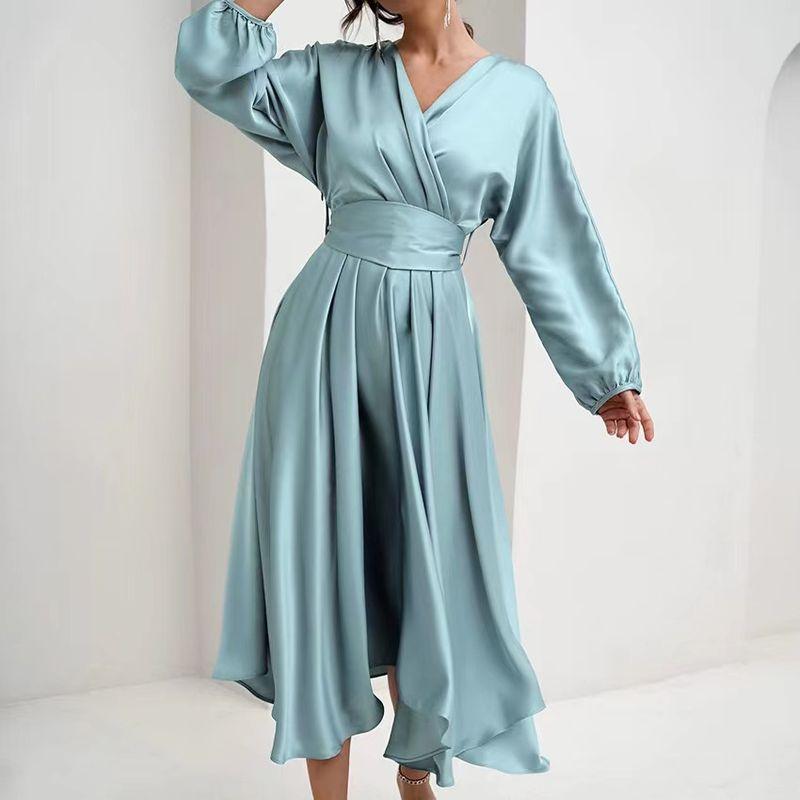 

Fashion Wind New Arrival Dress Puff Sleeves Waist-Tight Temperament Long Dress V-Neck Bubble Sleeve Dress Cyan L