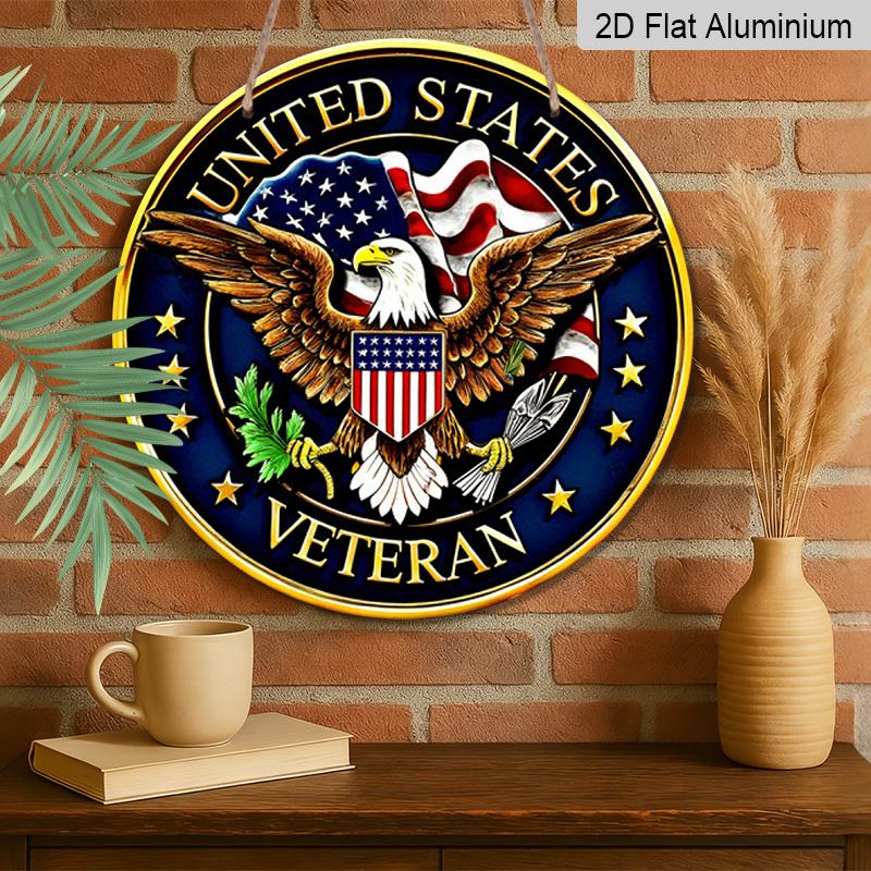2D Flat, 1pc Patriotic American Veteran Round Aluminum Sign, with US Flag and Eagle Design Retro Wall Art, Suitable for 4th of July, Memrial Day