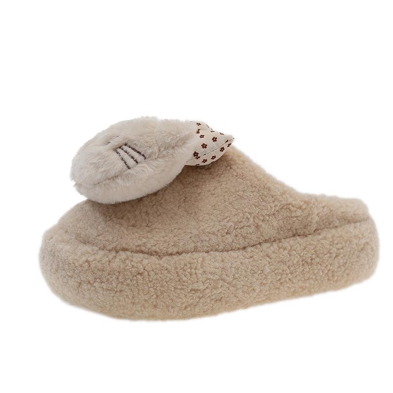 2025 autumn and winter solid color sweetheart bow kt cat hair slippers women's new cute cartoon outer cotton slippers