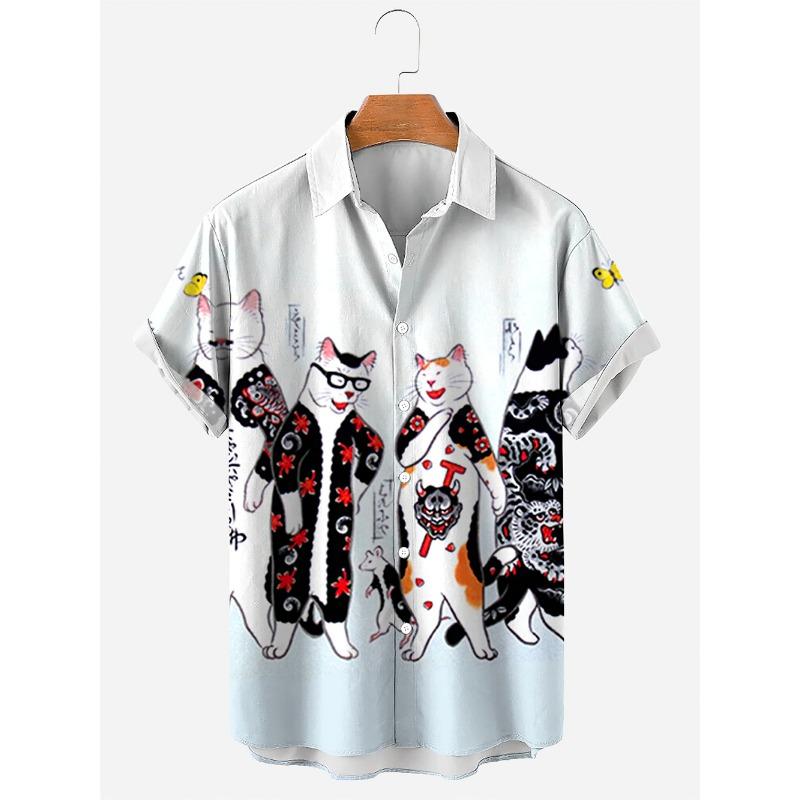 Hawaii Men's Shirt Anime Shirt Cartoon Short-sleeved Tops Summer Casual Men's Clothes Street Animals Cats Retro 3d Tees