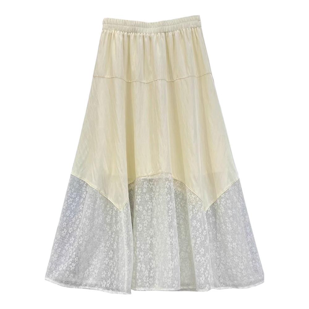 

Qooth Elegant Women A Line Splice Lace Skirt Wide Hem Mid Length Elastic Waist Slim Skirt QT2645 One Size абрикосовый