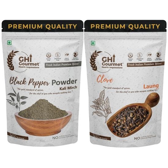 

GOURMET HEALTH IMPRESSIONS Superior Grade Tellicherry Black Pepper Powder 75g (Kali Mirch) & Whole Clove 50g (Laung/Lavang)| Net Weight 125g 125GM