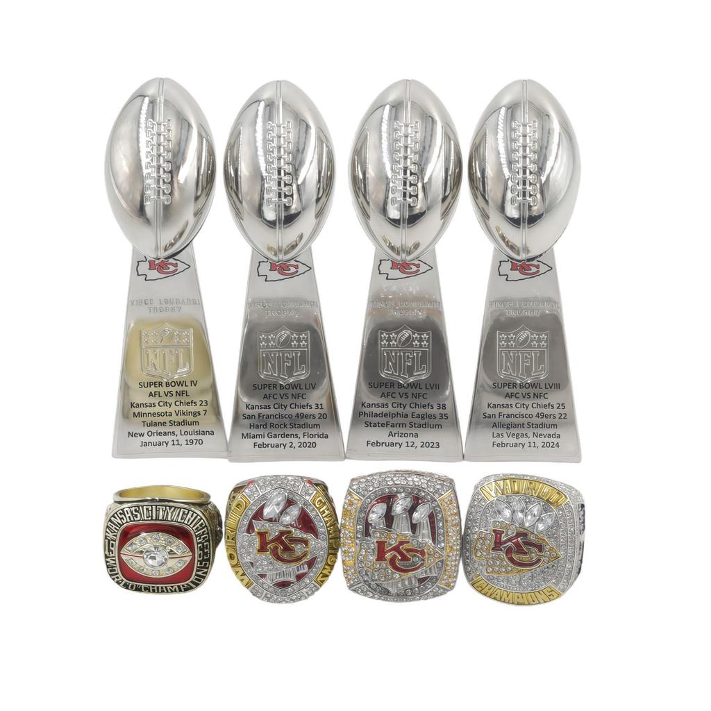 Kansas City Chiefs Kampioensring Set (4-delig, 1969, 2019, 2022, 2023) met gegraveerde trofee