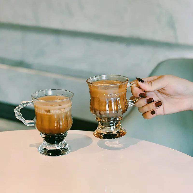 INS Vintage Embossed Glass Cup Good-looking Girly Heart Water Cups High-Legged Latte Coffee Mug with Handle Afternoon Tea Shot