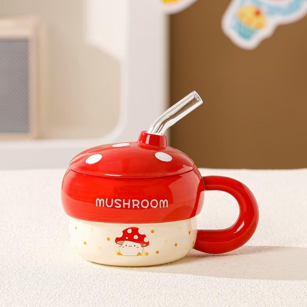 Cute Mushroom Ceramic Straw Cup, High-value Souvenir, Mug for Girlfriends, Couples, Water Cup with Lid
