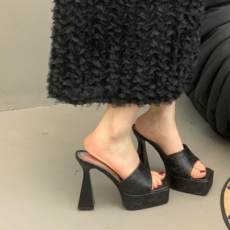 

Модные супер высокие каблуки шлепанцы лето новые квадратный носок водонепроницаемая платформа леопардовый принт противоскользящие износостойкие высокие каблуки 40 чёрный