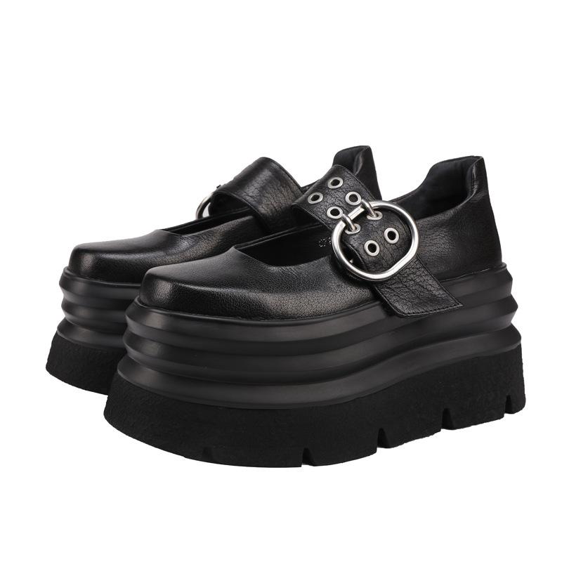 Johnature Vintage Thick Soled Shoes Round Toe Genuine Leather Versatile Four Seasons Women's Shoes