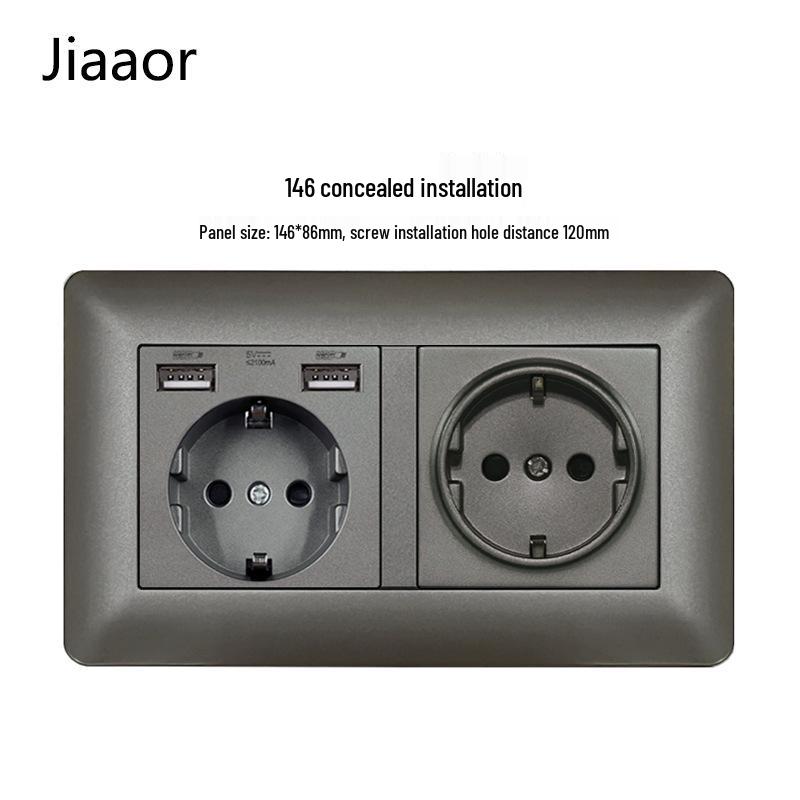 Type 146 Dual USB 16A Two-Gang European Power Socket Panel with German Standard Switch (Concealed)