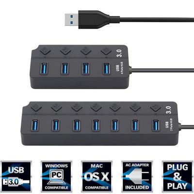 Plug and Play USB Expander External USB 3.0 Hub with Power Adapter 4/7 Ports Splitter On/Off Switch
