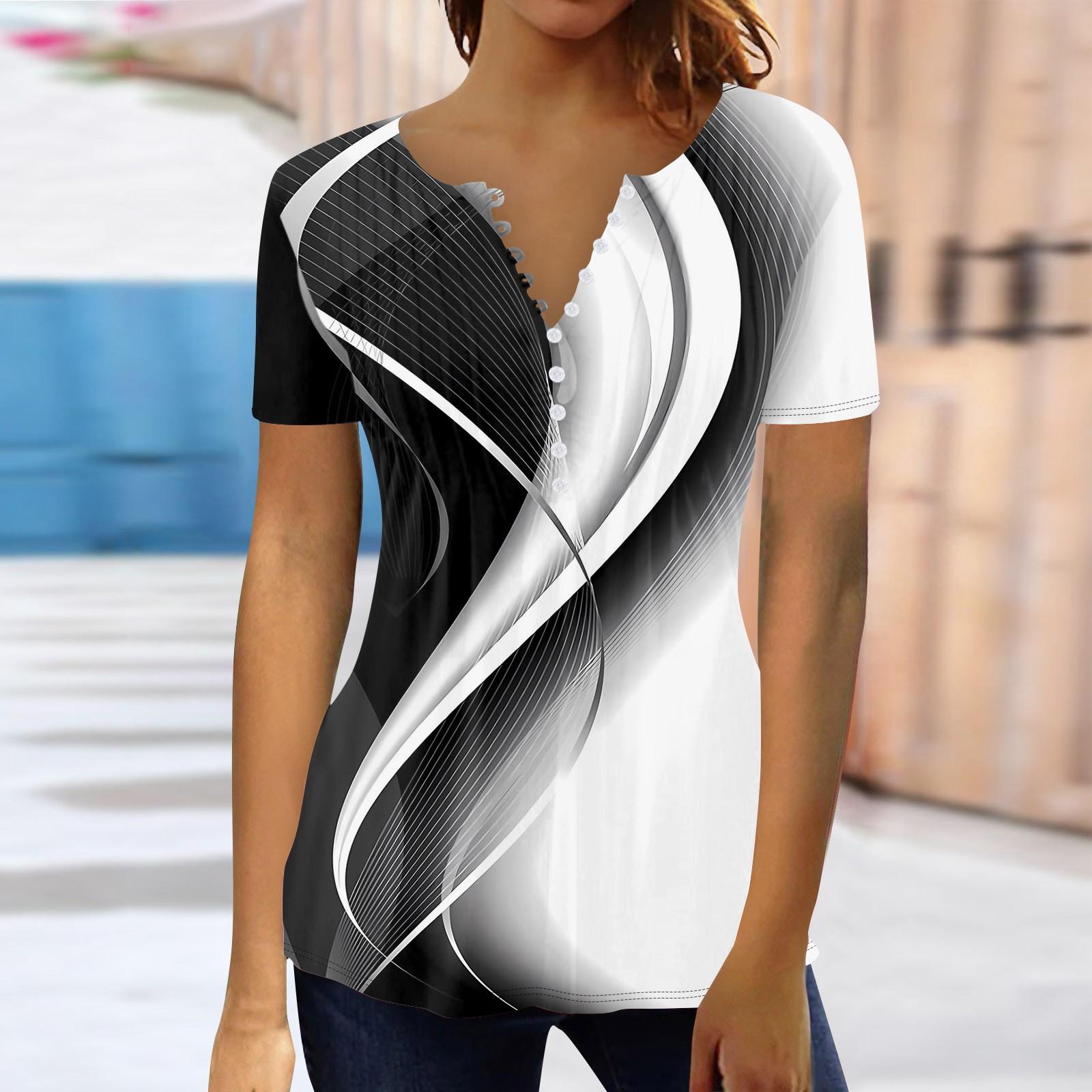 Summer Tops For Women Trendy Boho Print Tunic Shirts Short Sleeve Button V Neck Tshirt Casual Loose Blouse M