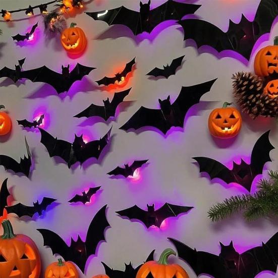 LED Wall Lamp Halloween Stickers, Glow-in-the-Dark Bat & Spider Decorations, Battery-Powered Hanging Ornaments Decor for Haunted House Party,
