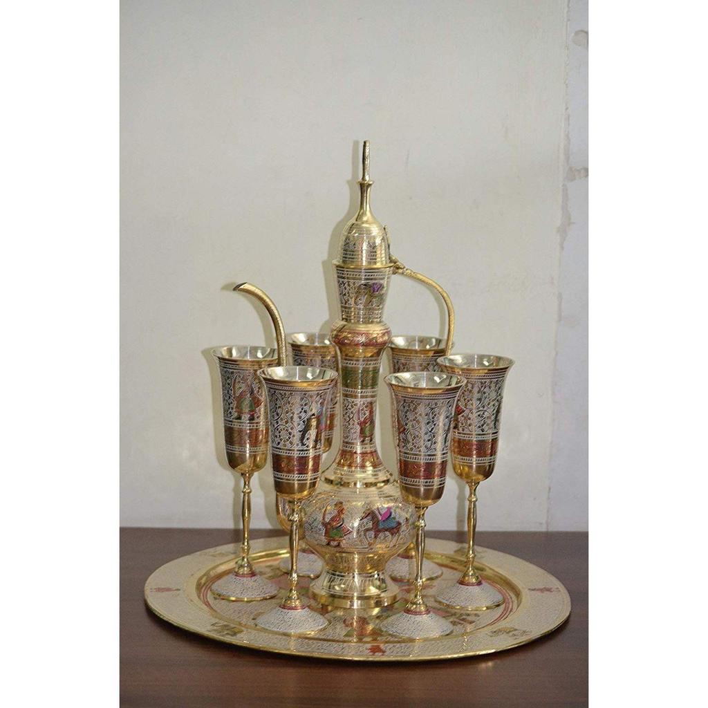 Hand Crafted Metal Brass 6 Wine Glass Set with Aftaba with Nakkashi Work Collectible Art (Multicolour)
