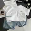 Boys' Summer Sports Set: Baby Alphabet Pocket Short-Sleeve Top + Denim Shorts Two-Piece Set