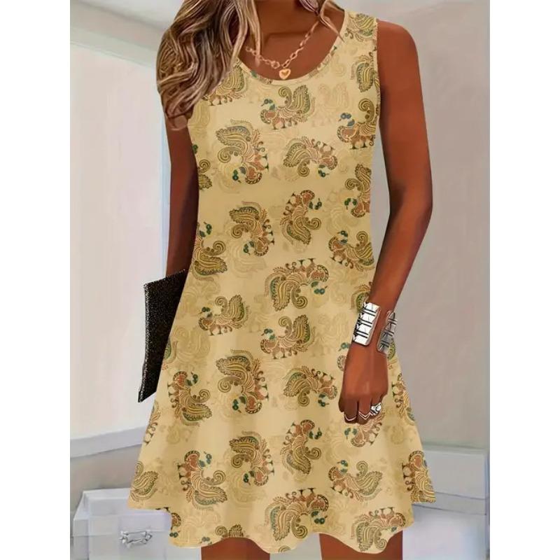 Plus Size Women's Dress Fashion 3D Plaid Print Sleeveless Elastic Round Neck Summer Dresses