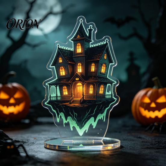 Festival Party Favors Halloween Acrylic 2D Flat Tabletop Ornament, Spooky Ghost Pumpkin Castle Desk Decorative Signs Sign for Home Office Table Shelf