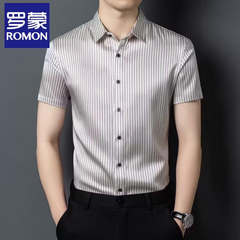 Men s Premium Mulberry Silk Striped Short-Sleeve Shirt 52