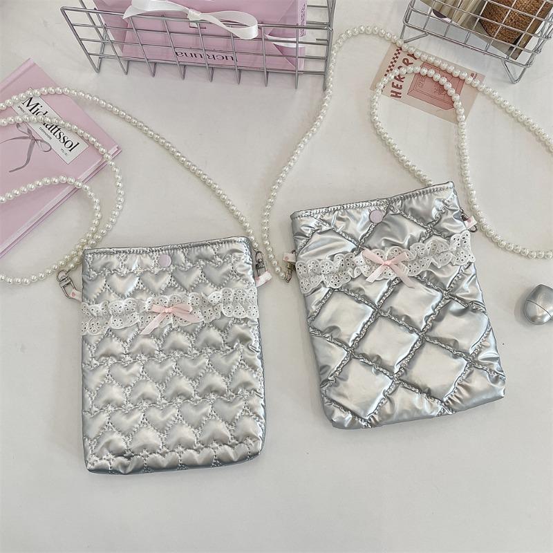 Pu Bow Padded Cotton Messenger Small Bag Mobile Phone Bag Pearl Chain Bag Portable Mini Cosmetic Bag