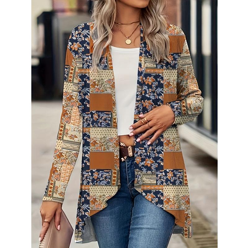 Women's Fall and Winter Fashion Casual Printed Long Sleeve Mid-Length Cardigan Jacket