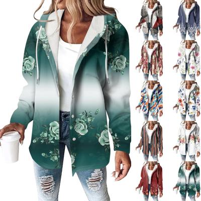 Hoodies für Frauen Winter Warm Sweatshirt Knopf Kordelzug Kapuzen Print Jacke Mantel
