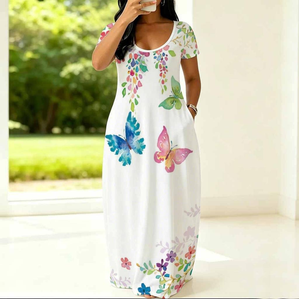 Plus Size Round Neck Short Sleeve Tunic Airy Dress For Summer Outdoor Stroll