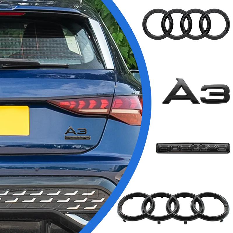 QR5 M5 A3 4 Ring Logo ABS Glossy Black Car Hood Front Bonnet Grill Badge Rear Trunk Quarrto Emblem Stickers Decal For A3 2010-2020
