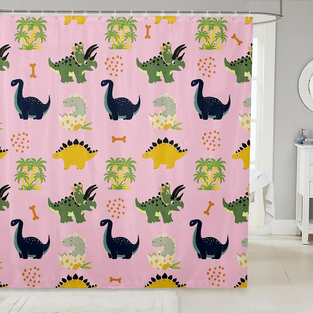 Cartoon Dinosaur Shower Curtain Coconut Tree Hawaii Tropical Bathroom Shower Curtain Sets | Ancient Wild Animals Waterproof