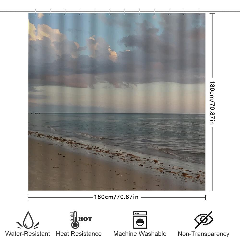 Beach Shower Curtain Waterproof Bath Mat Decor with Cloudy Sky Seaside Print for Home Decoration In Various Sizes