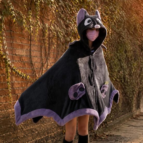 Soft Plush Cape Bat Blanket Hoodie for Adults, Cute Shark Fox Hooded Cape, Warm Wearable Cozy Halloween Cosplay Home Loungewear