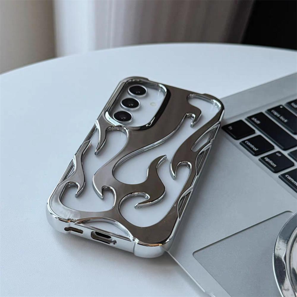 Plating 3D Flame Pattern Case for Samsung S25 S24 Plus S22 S23 Ultra A16 A06 A55 A15 A54 A14 Fashion Hollow Out Shockproof Cover