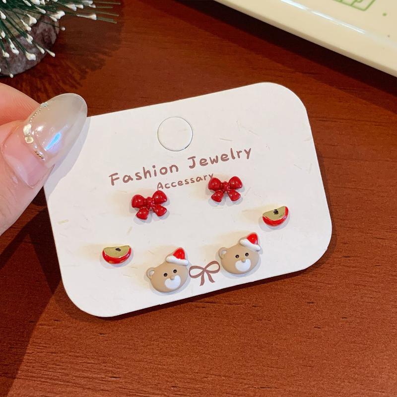 3 Pairs Cute Cartoon Christmas Earring Set Kawaii Santa Claus Bell Elk Festival Red Earring Fashion Jewelry Accessories Gifts