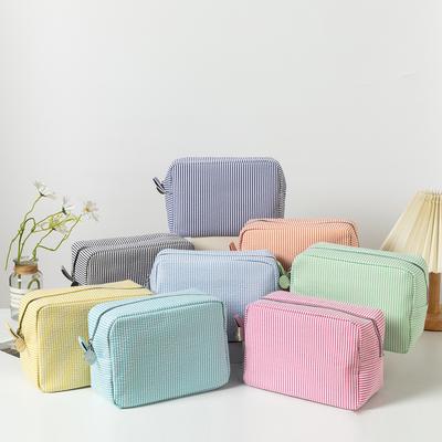 Seersucker Makeup Bag Large Capacity Striped Cosmetic Bag Travel Toiletry Bag Storage Organizer