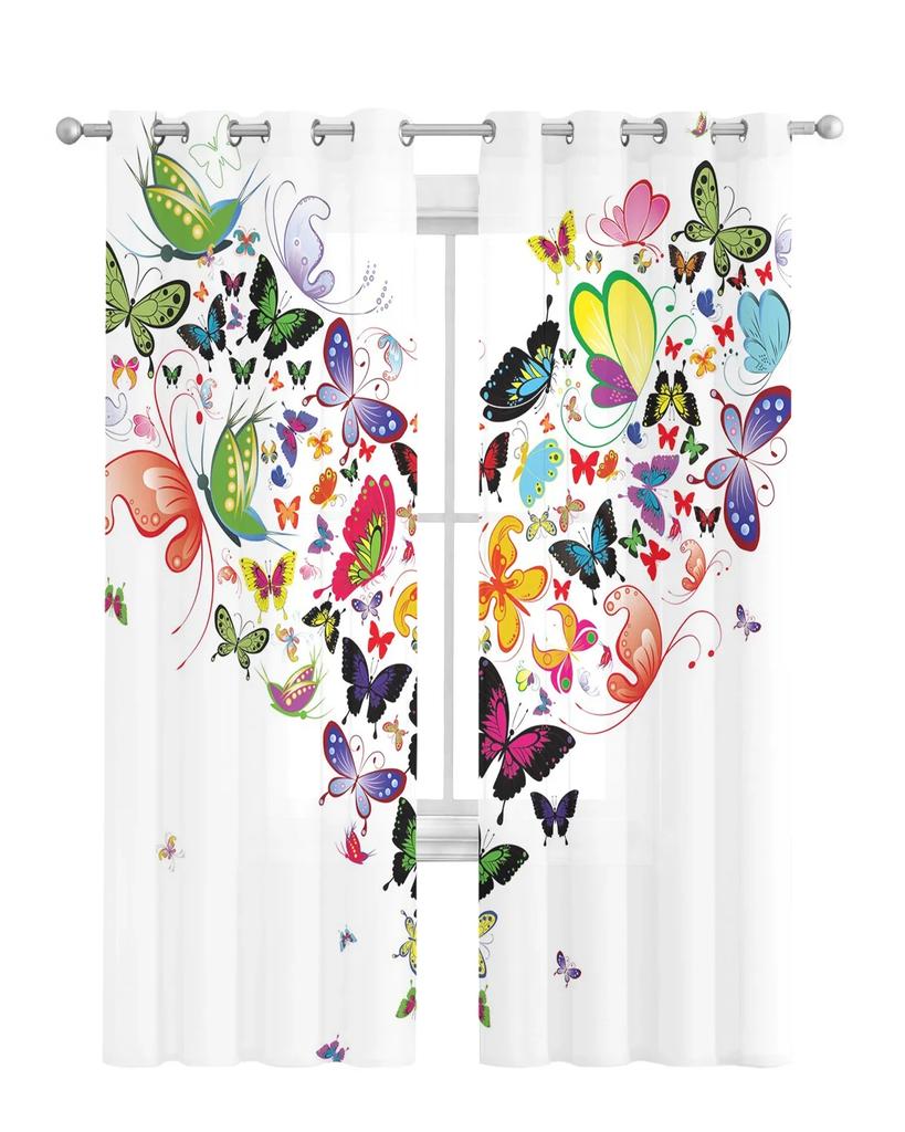 Bunter Schmetterling herzförmiger weißer Chiffon-Vorhang für Wohnzimmer, Schlafzimmer, Dekoration, Fenster, Voiles, Tüll-Vorhang