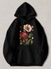 Black Pullover Hoodie with Vintage Botanical Poppy Flower Print Long Sleeve Sweatshirt with Kangaroo Pocket And Drawstring Hood Ca
