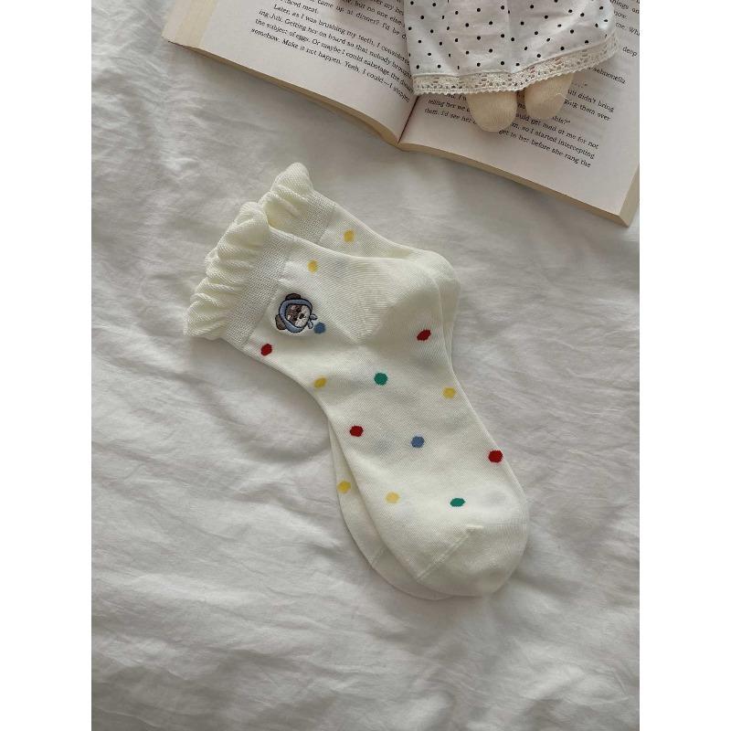 

Dog Embroidered Mid-calf Socks with Cartoon Stripes, Polka Dot Patterned Socks, with A Bow At The End, Pure Cotton Women s Socks 1 pair белый