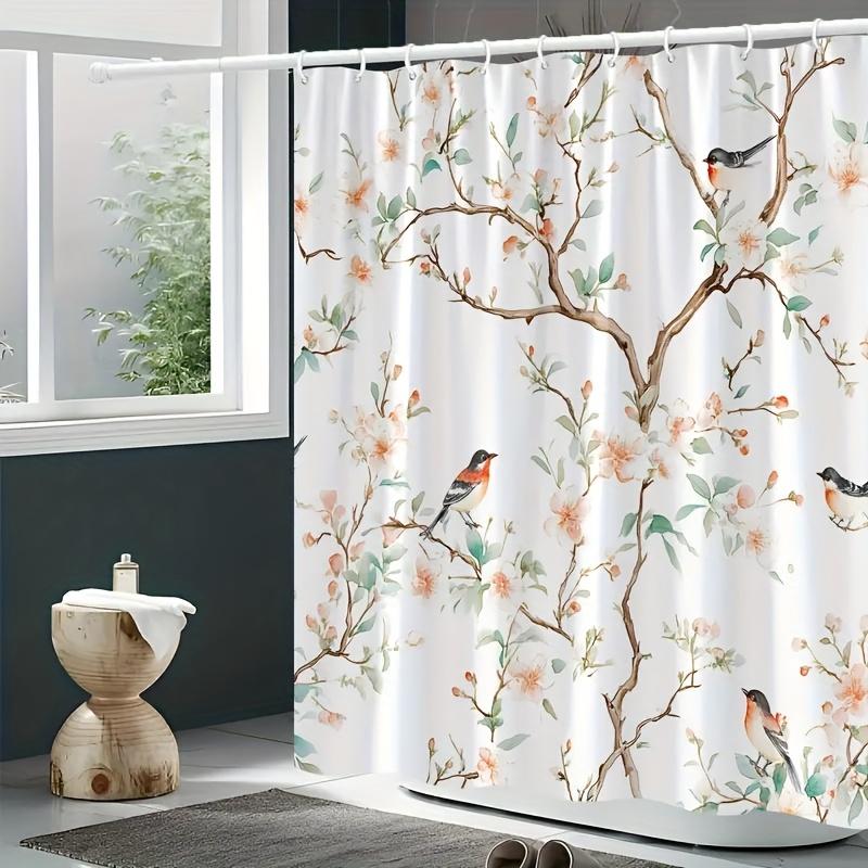 Romantic Peach Blossom Bird Pattern Shower Curtain Waterproof And Mildew-Proof Machine Washable With Hooks Bathroom Decoration