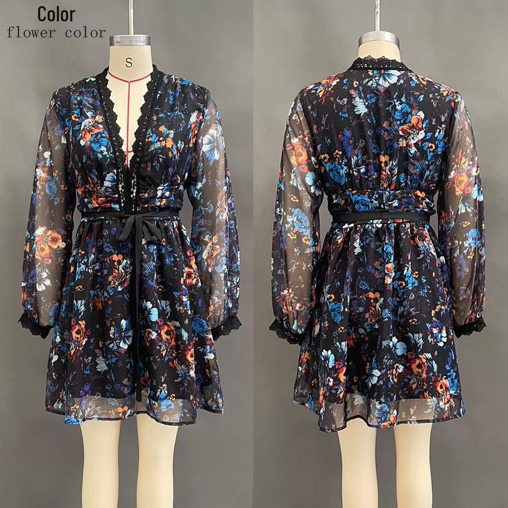 

2025 Autumn V-neck Long Sleeve Organza Dress - Women s Elegant Waist-cinching Style L