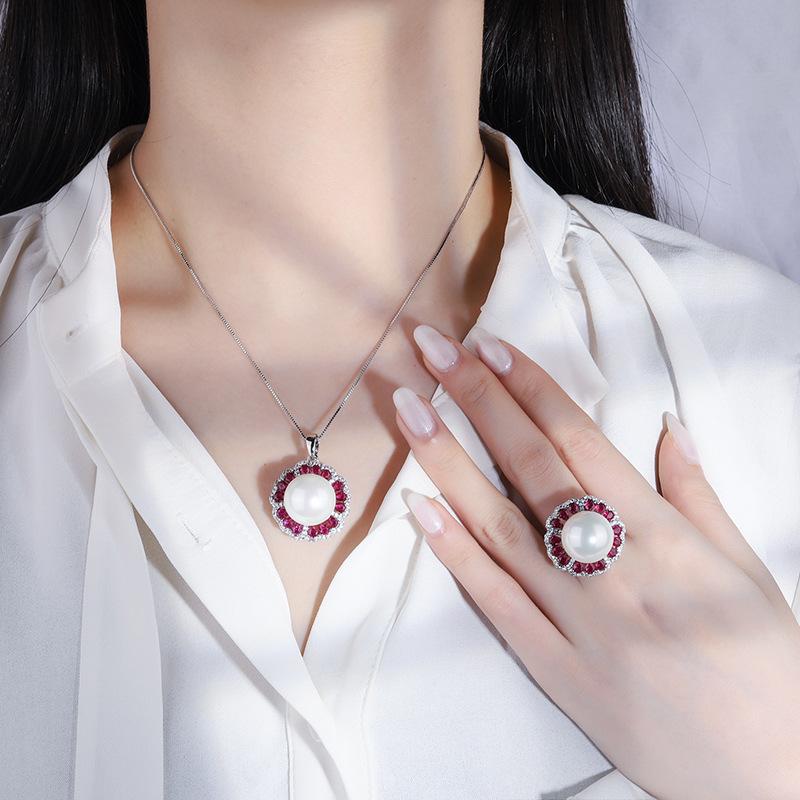 Jewelry Inlaid With White Beads, Light Stamens, Women'S Ring, Pendant Set, Beads 16Mm.