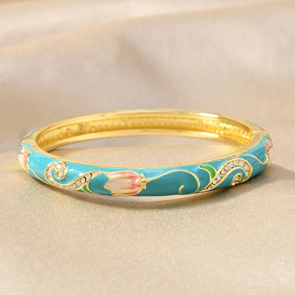 Enamel Peony Filigree Flower Bangle Traditional Cheongsam Bracelet  Banquet
