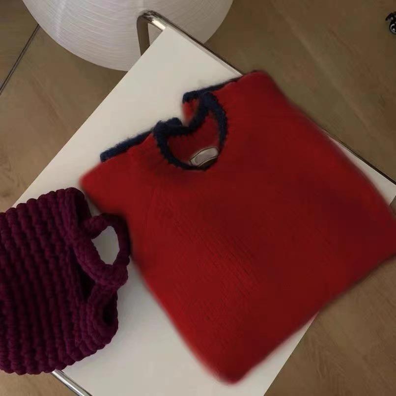 Women's European Style Color Block Wool Sweater - Round Neck, Thick Knit, Loose Fit, Slimming Base Layer for Autumn/Winter.
