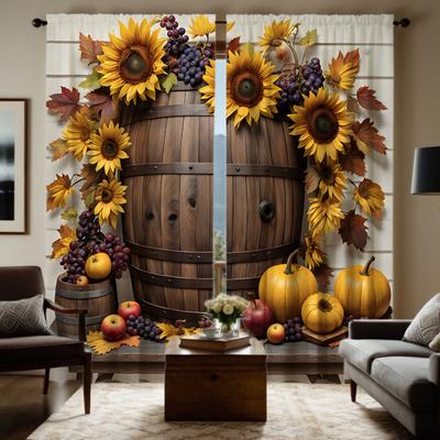 2pcs HD Thanksgiving Pumpkin Barrel Sunflower Decorative Curtain Yellow Tie Digital Printed Curtain Home Decoration Style Dec