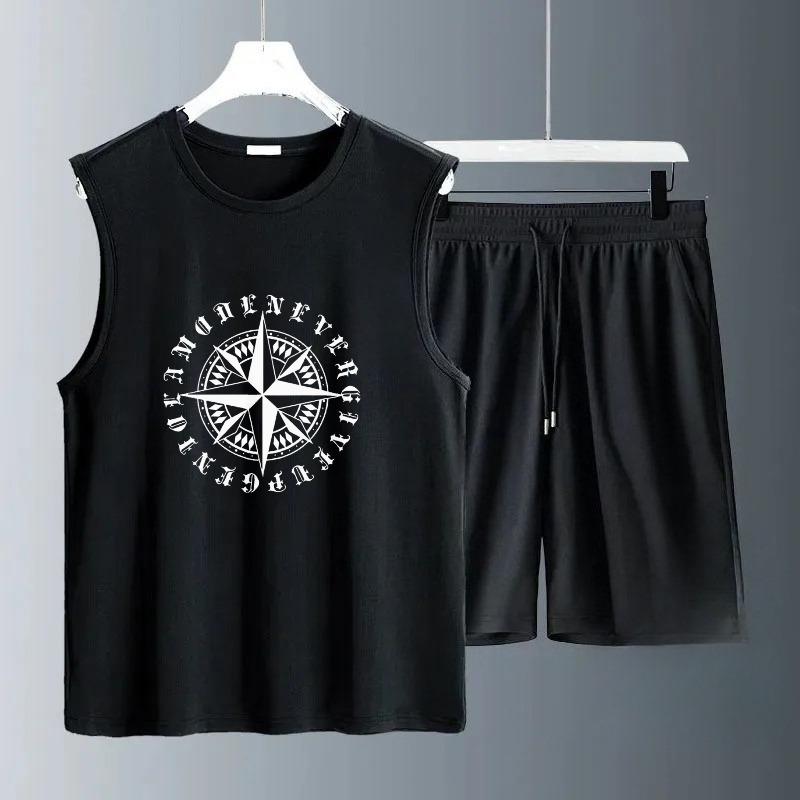 2026 Summer Hot Men Solid Color Sets Casual Sleeveless T-shirt Shorts Pants Sports Vest Two-piece Set Fashion Disc Letter Print